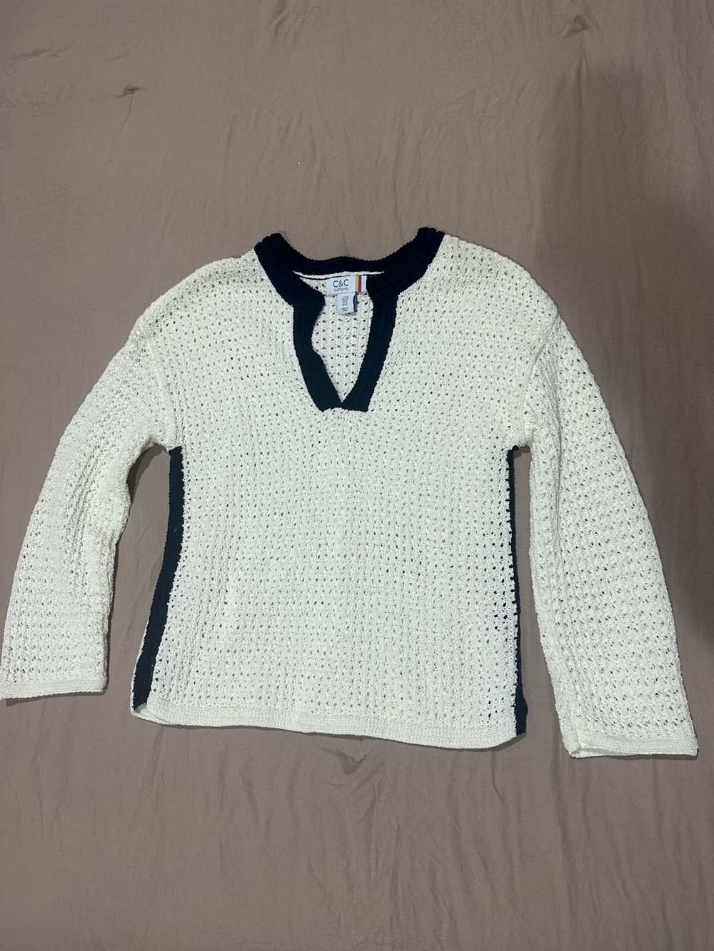 C&C California Cream Open-Weave Sweater with Navy Trim